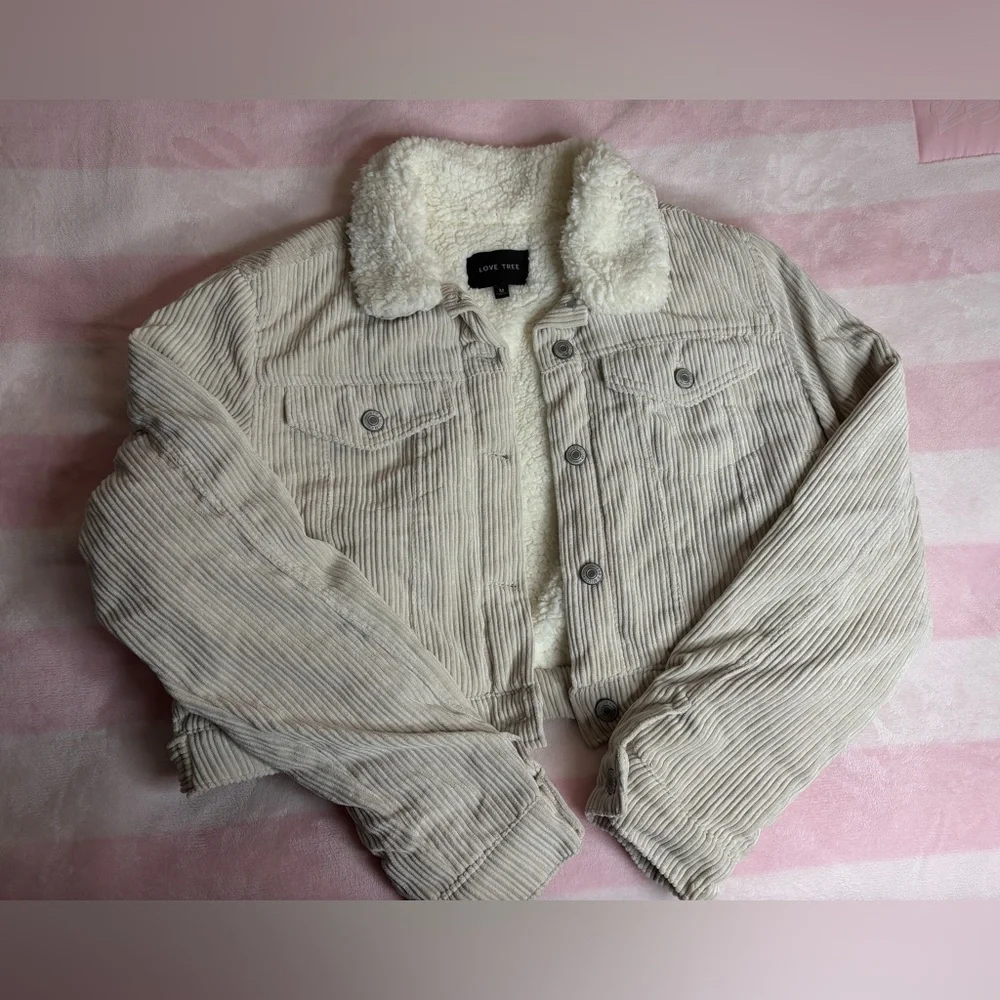 Cream Corduroy Sherpa Cropped Barn Jacket - Picture 3 of 6